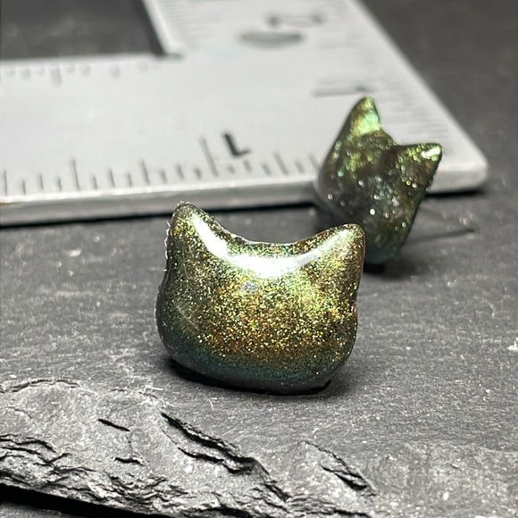 Custom Elegant Green Cat Hand Made Stud Post Earrings - Picture 10 of 11